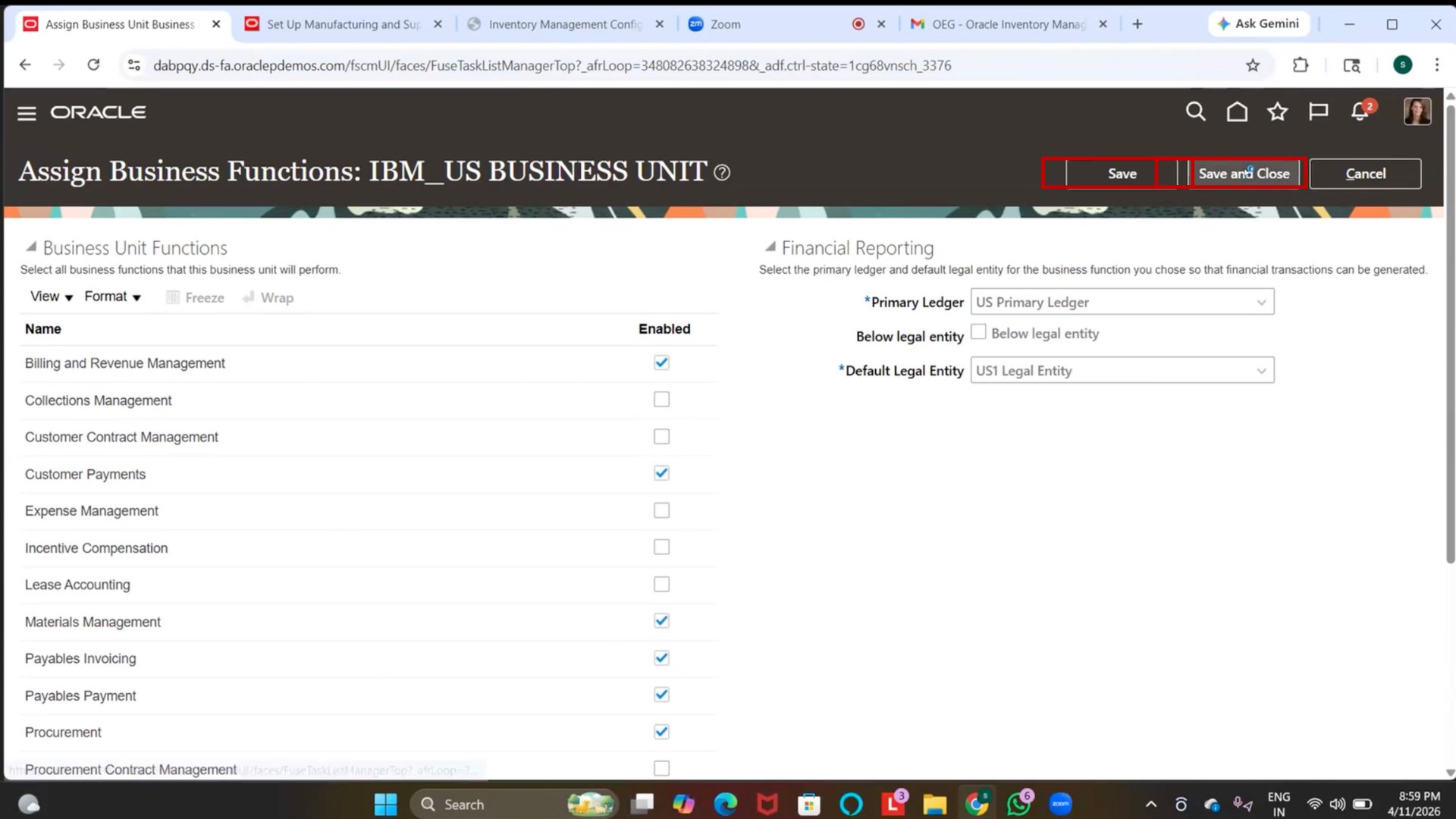 Save and Close Oracle ERP Configuration