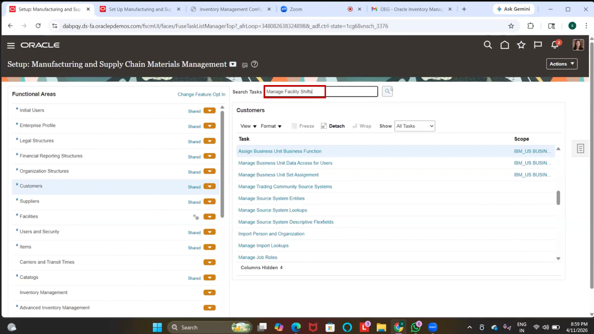 Oracle Manufacturing Shift Management Page