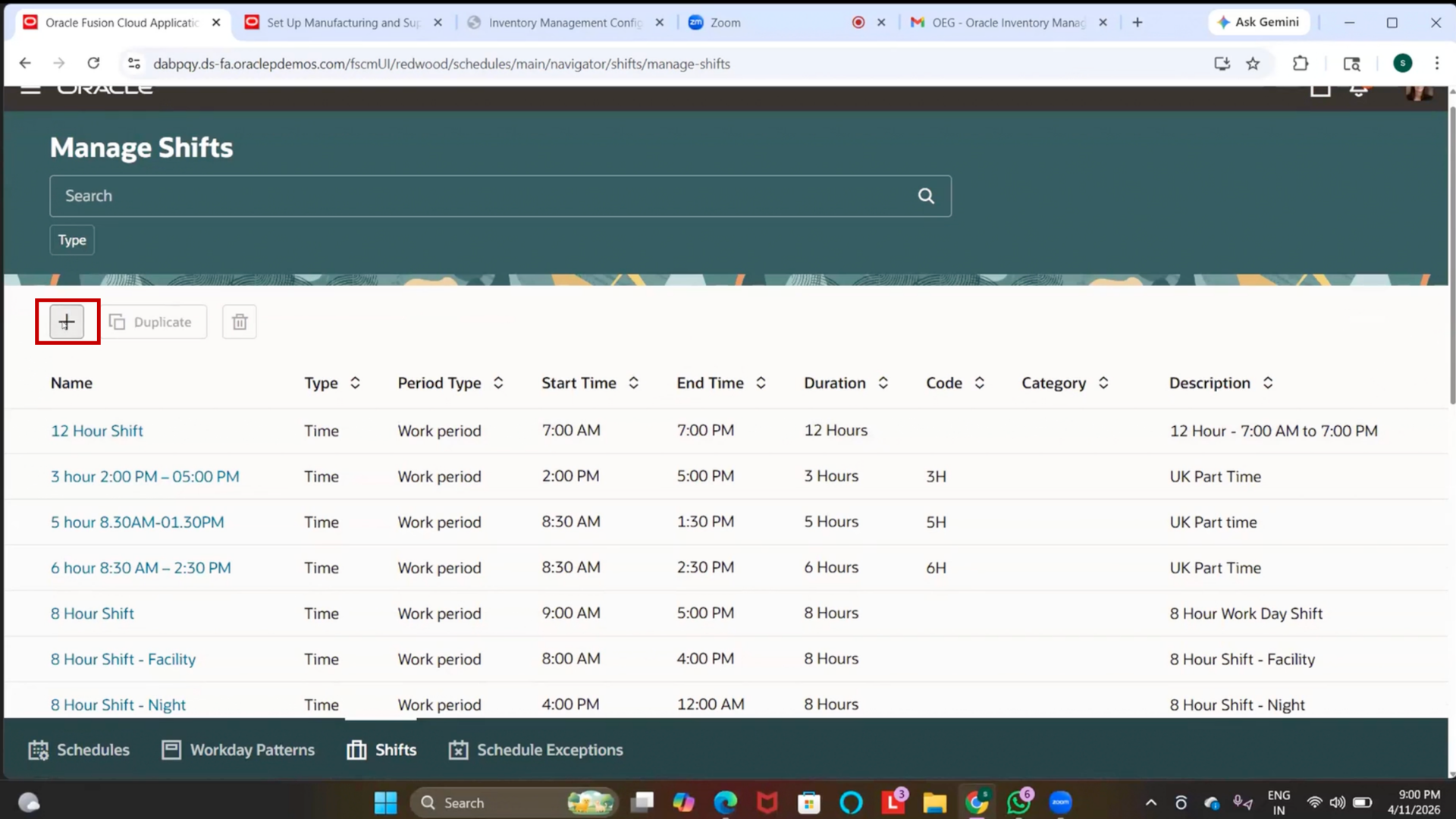 Create Manufacturing Facility Shift in Oracle ERP