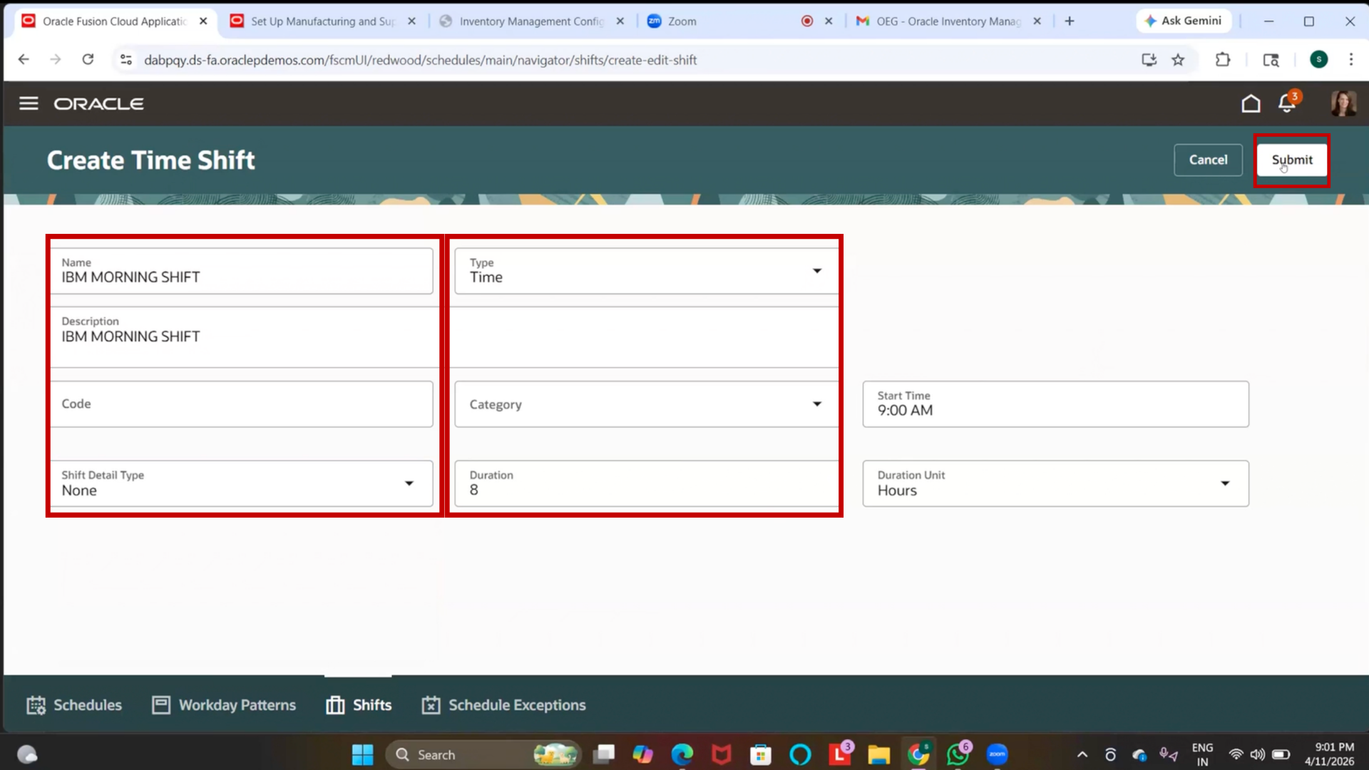 Submit Manufacturing Shift Configuration
