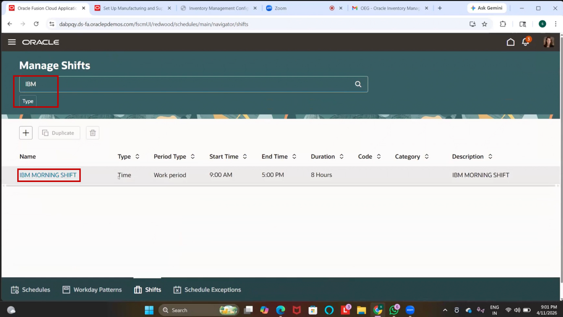 Searching and verifying created shift in Oracle Fusion SCM inventory management system