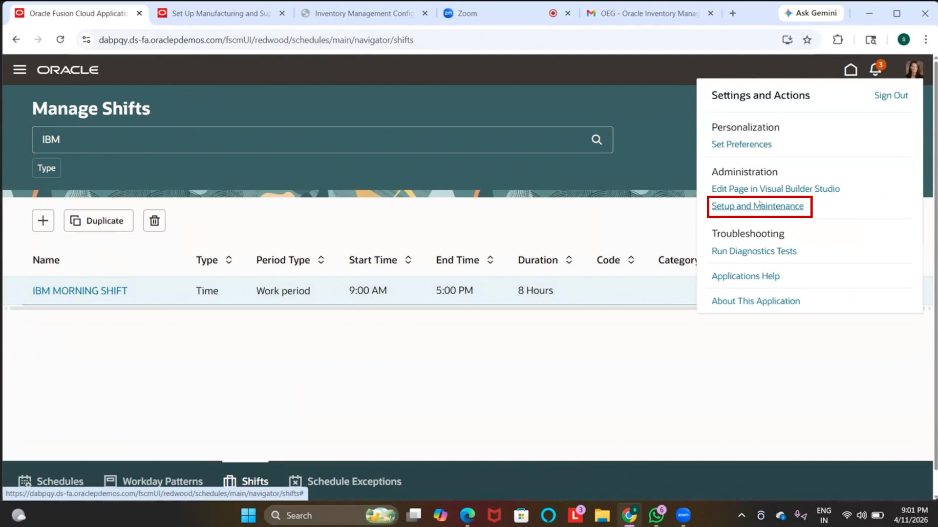 Facility Workday Pattern Oracle Manufacturing Setup
