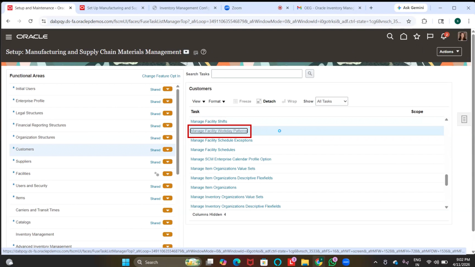 Facility Workday Pattern configuration in Oracle Inventory Management system shipment processing setup