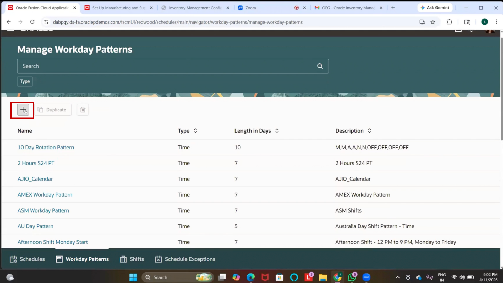 Create Workday Pattern in Oracle Fusion Manufacturing