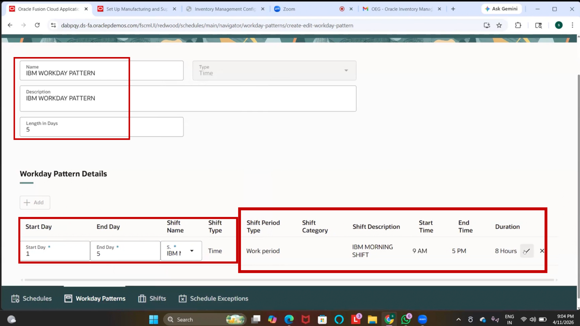 Search and select IBM Shift in Oracle Fusion Inventory Management workday pattern setup