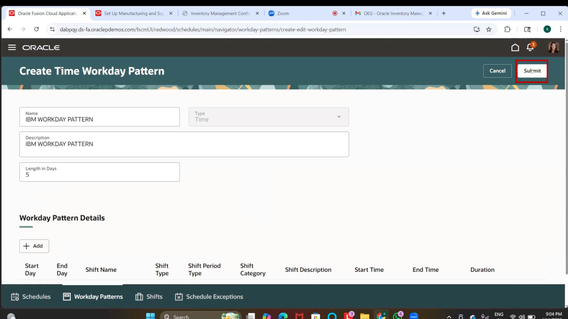Submitting workday pattern configuration in Oracle Fusion manufacturing and inventory management setup