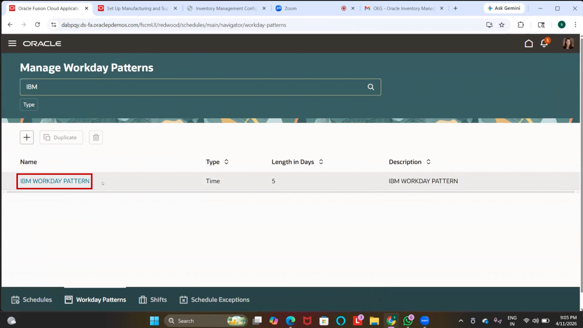 Verifying created workday pattern in Oracle Fusion SCM manufacturing module