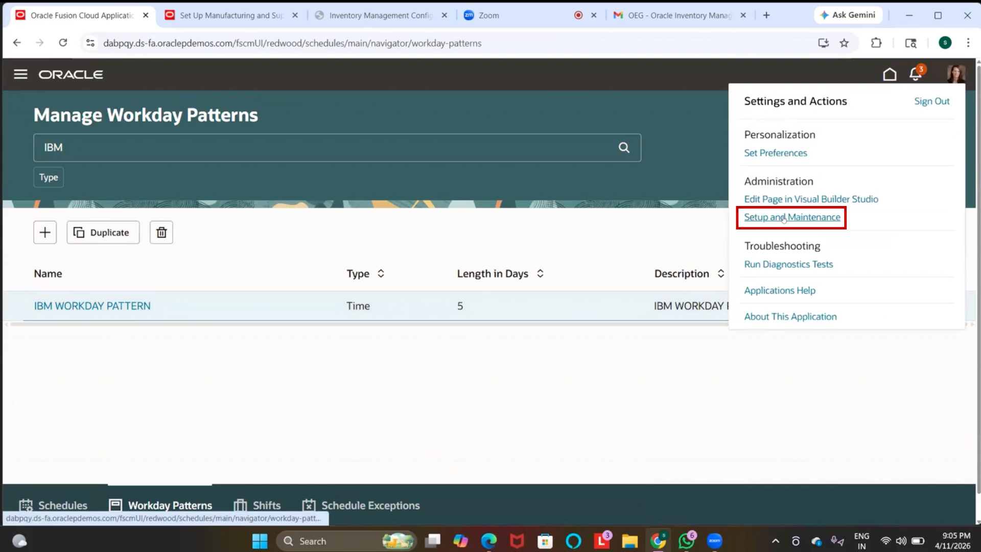 Oracle Inventory Management Manage Facility Schedule setup screen for creating IBM Exception Holiday in Manufacturing and Supply Chain Management.