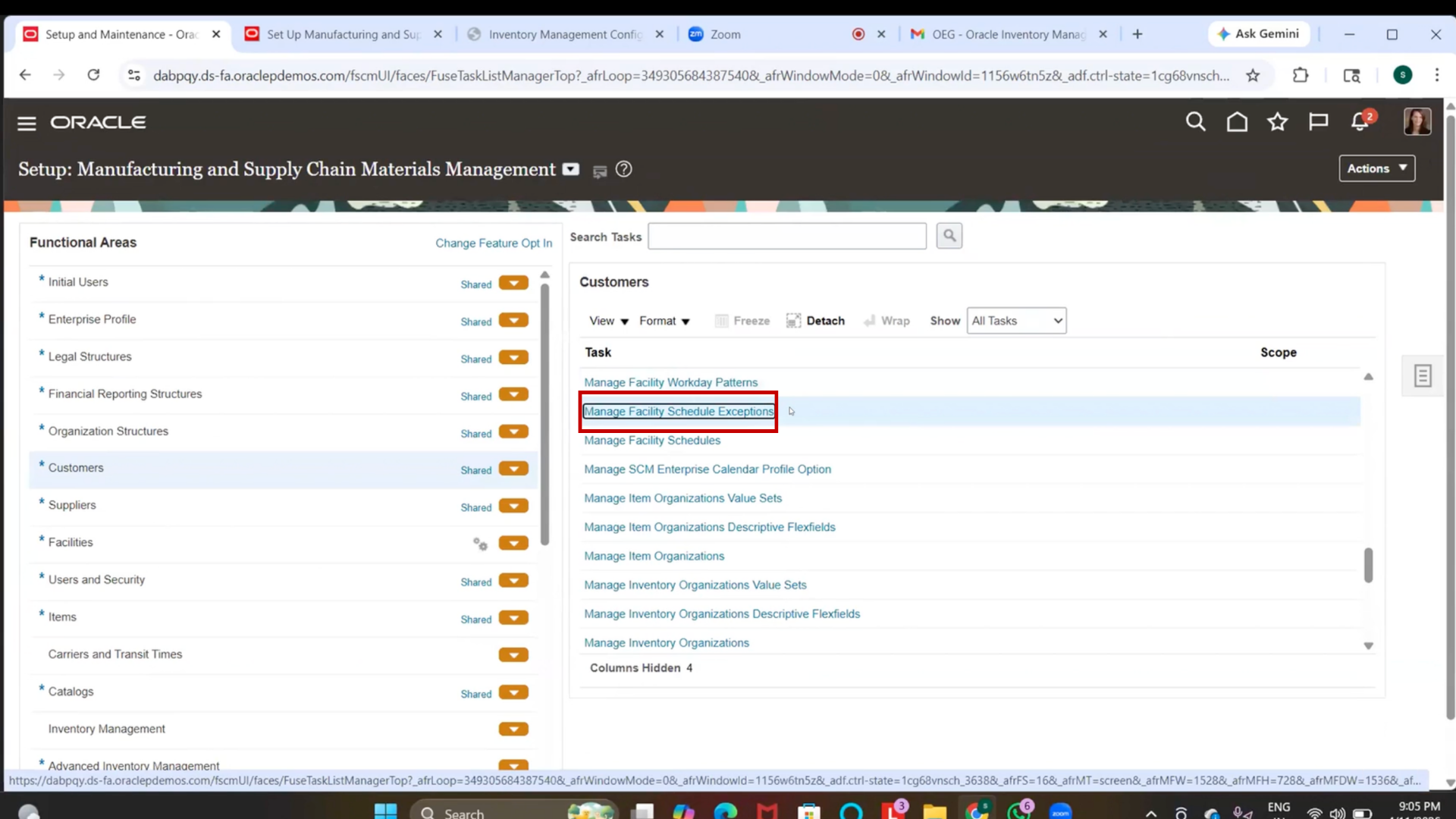 Add exception option in Manage Facility Schedule under Oracle Fusion SCM inventory organization setup