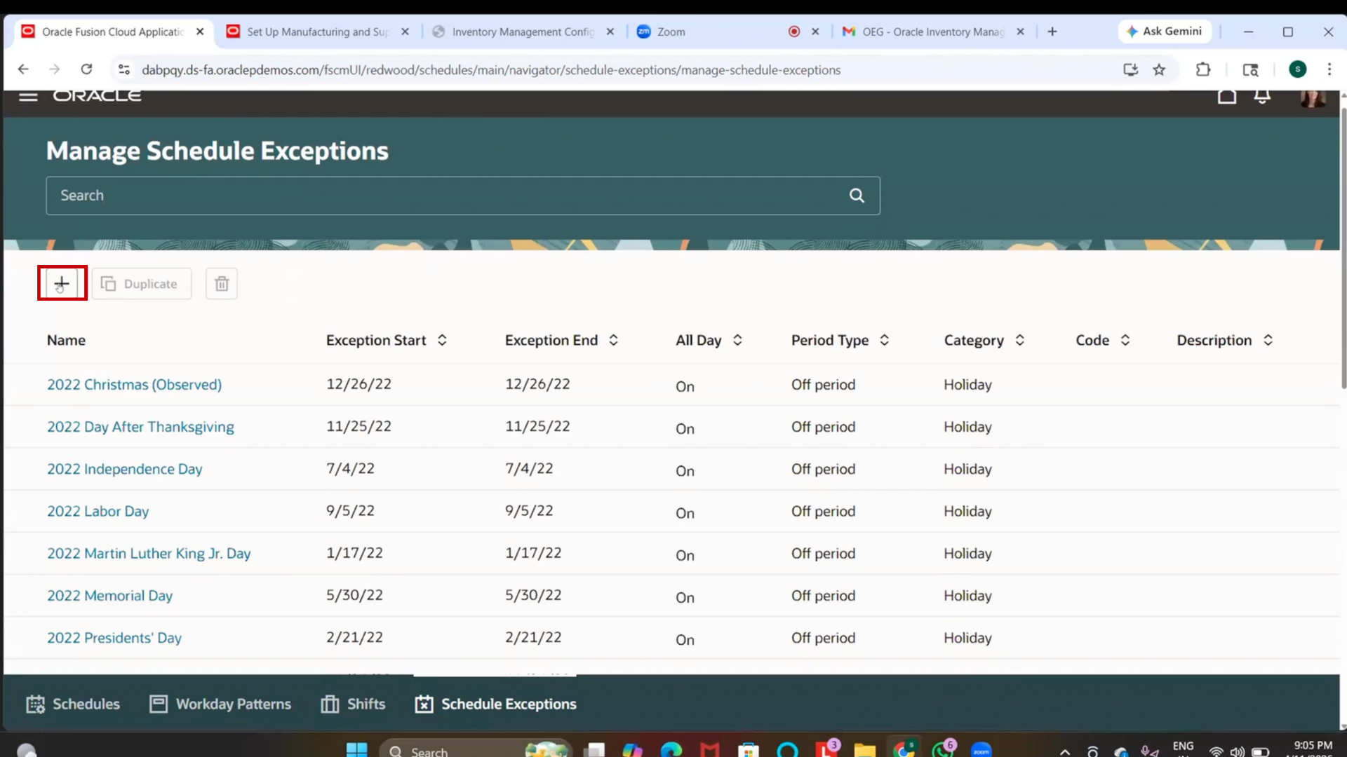 IBM Exception Holiday configuration screen in Oracle Inventory Management Redwood Interface