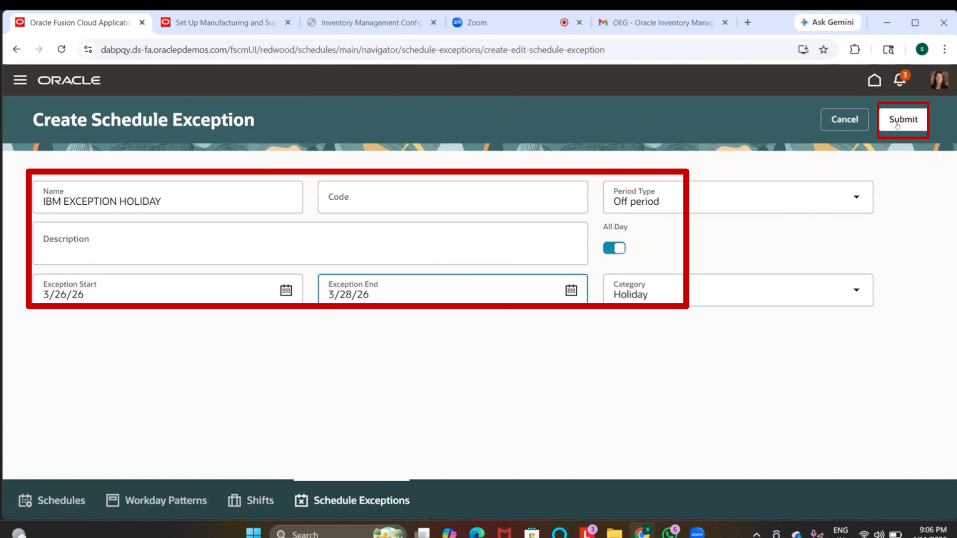 Submit button for facility exception creation in Oracle Inventory Management Redwood Interface