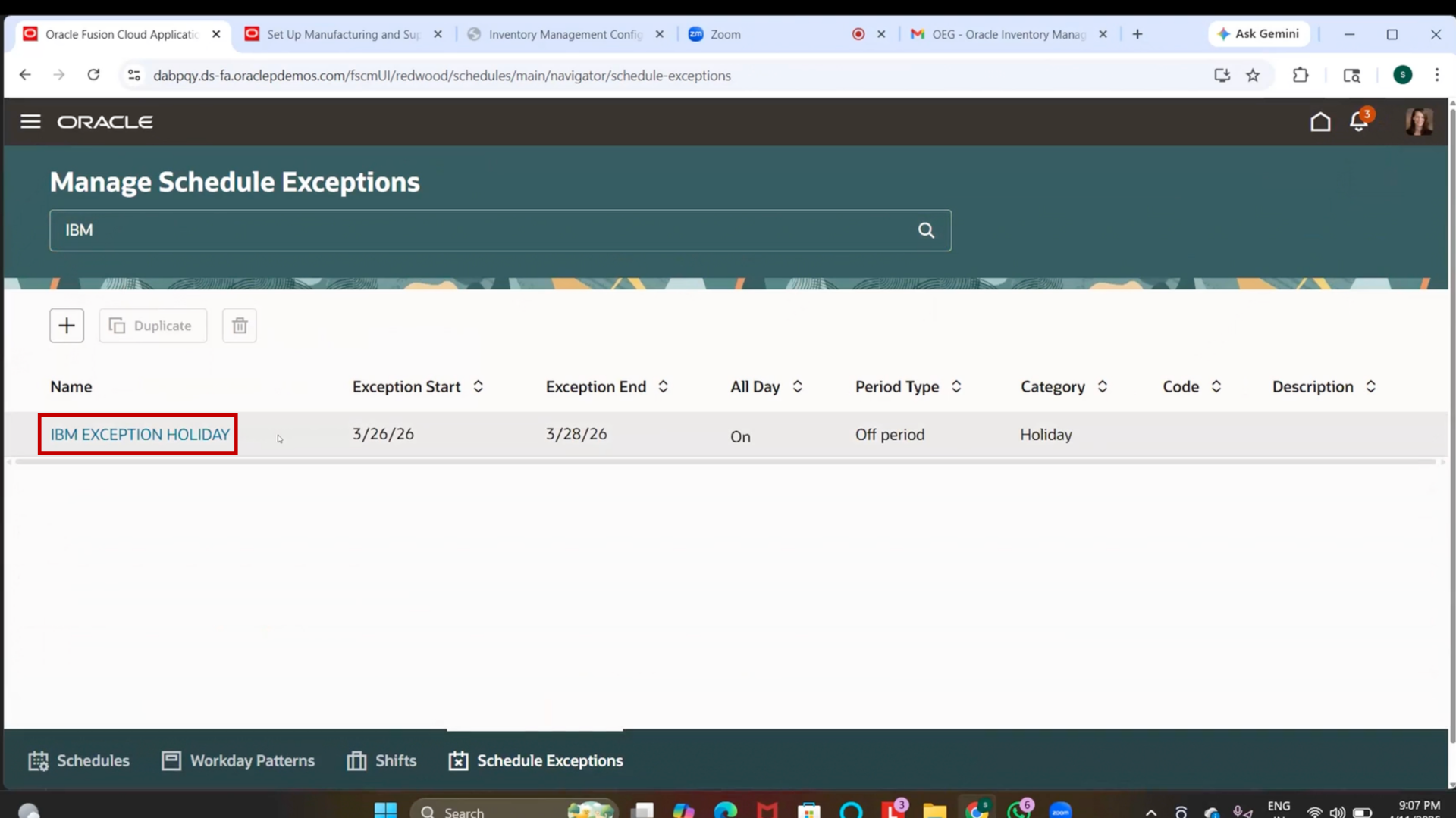 IBM Exception Holiday successfully created in Oracle Inventory Management