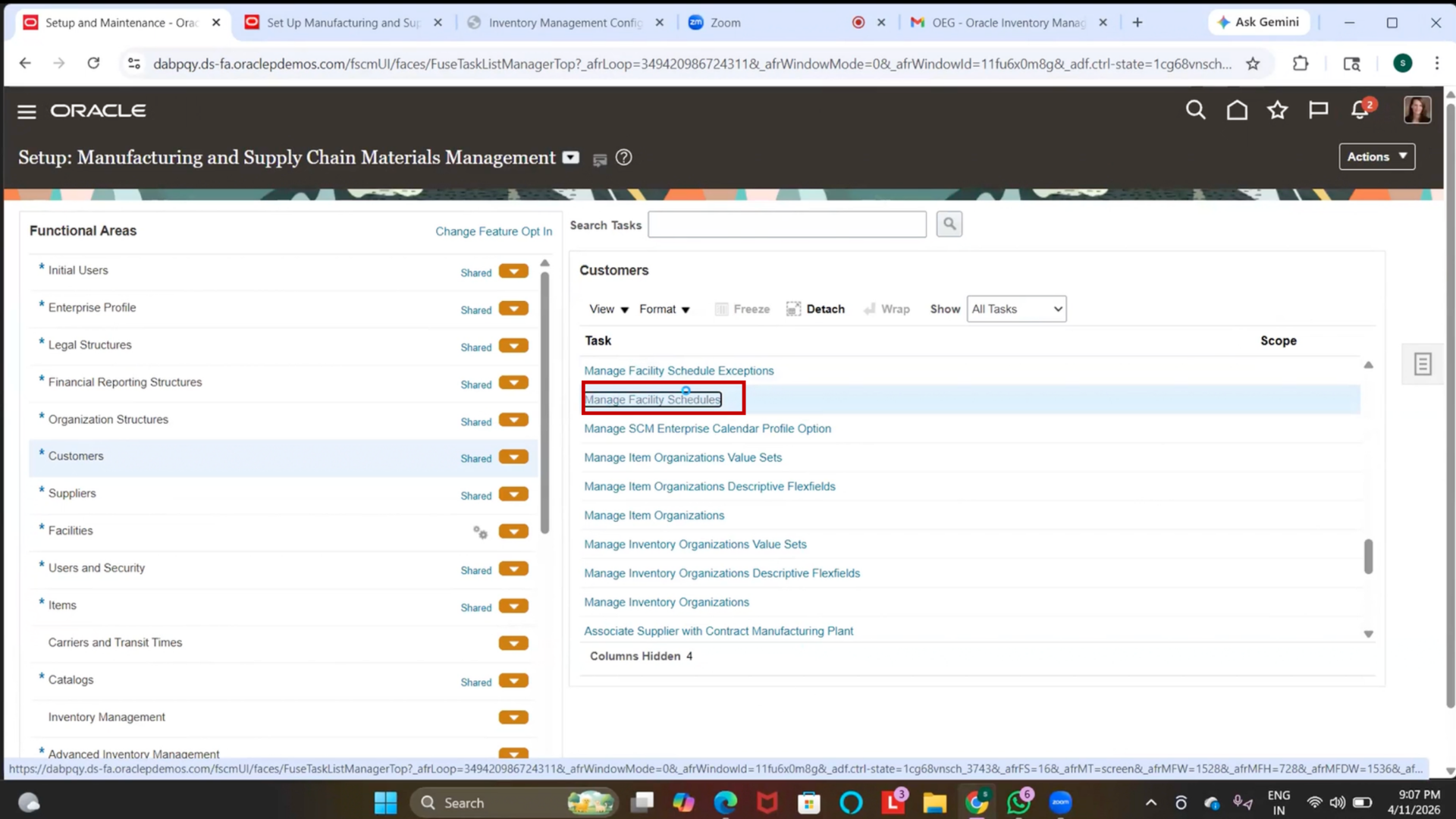 Create new IBM Facility Schedule in Oracle Inventory Management system