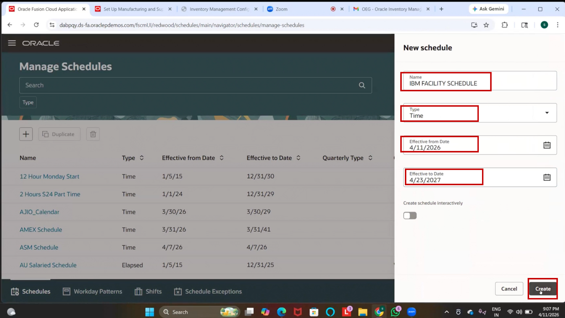 Create button for Oracle Inventory Management facility schedule creation