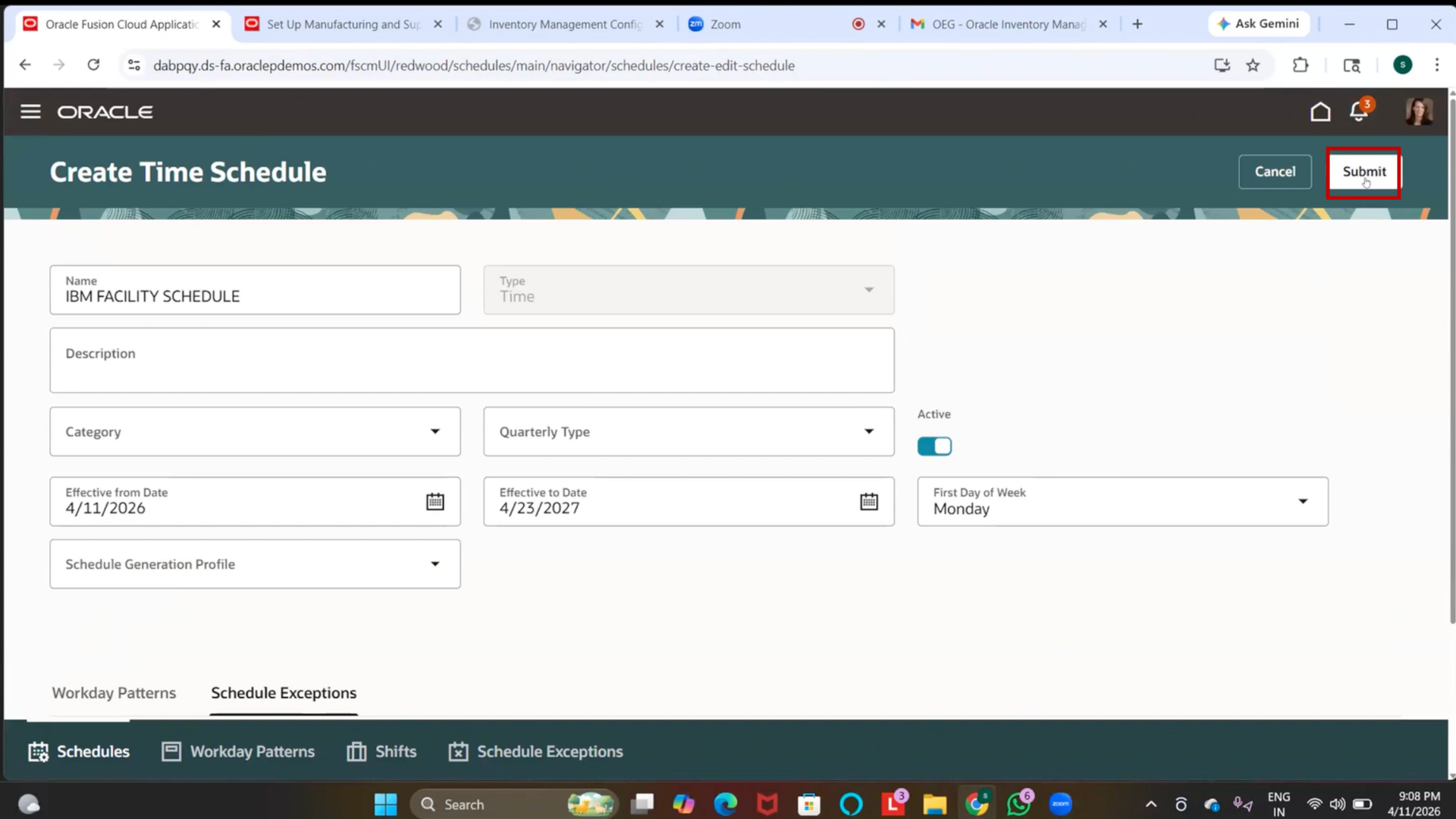 Submit IBM Facility Schedule in Oracle Manufacturing and Supply Chain Management