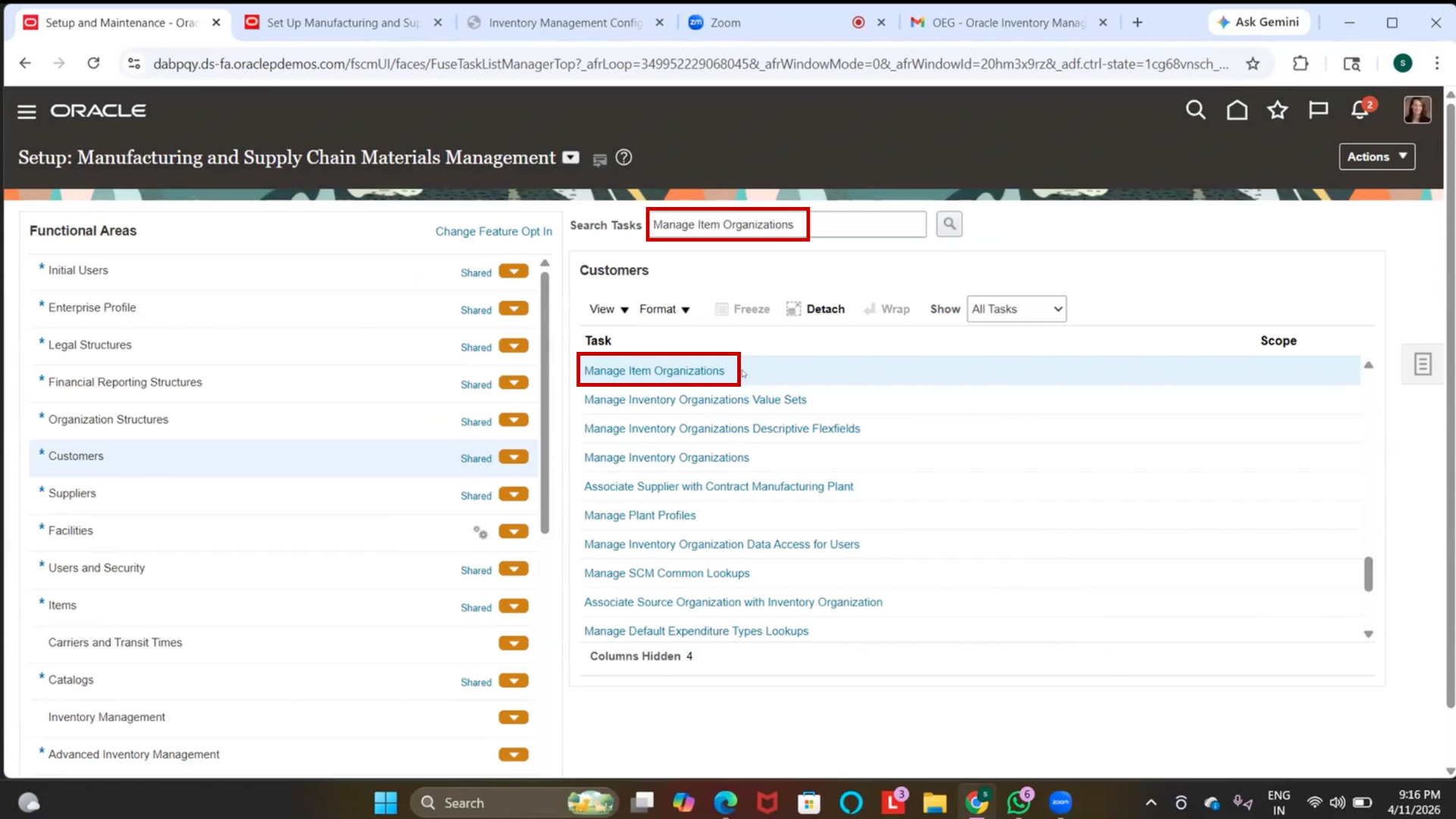 Manage Item Organization navigation in Oracle Inventory Management setup