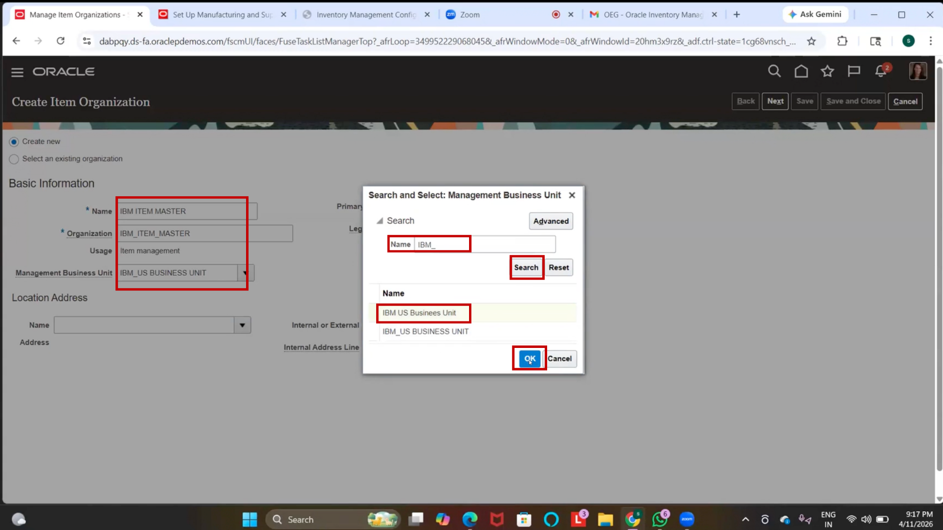 User selecting IBM US Business Unit from the Business Unit dropdown menu