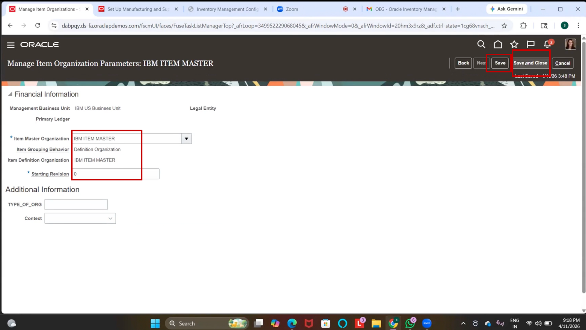 User clicking the Save button followed by the Save and Close option in the application interface