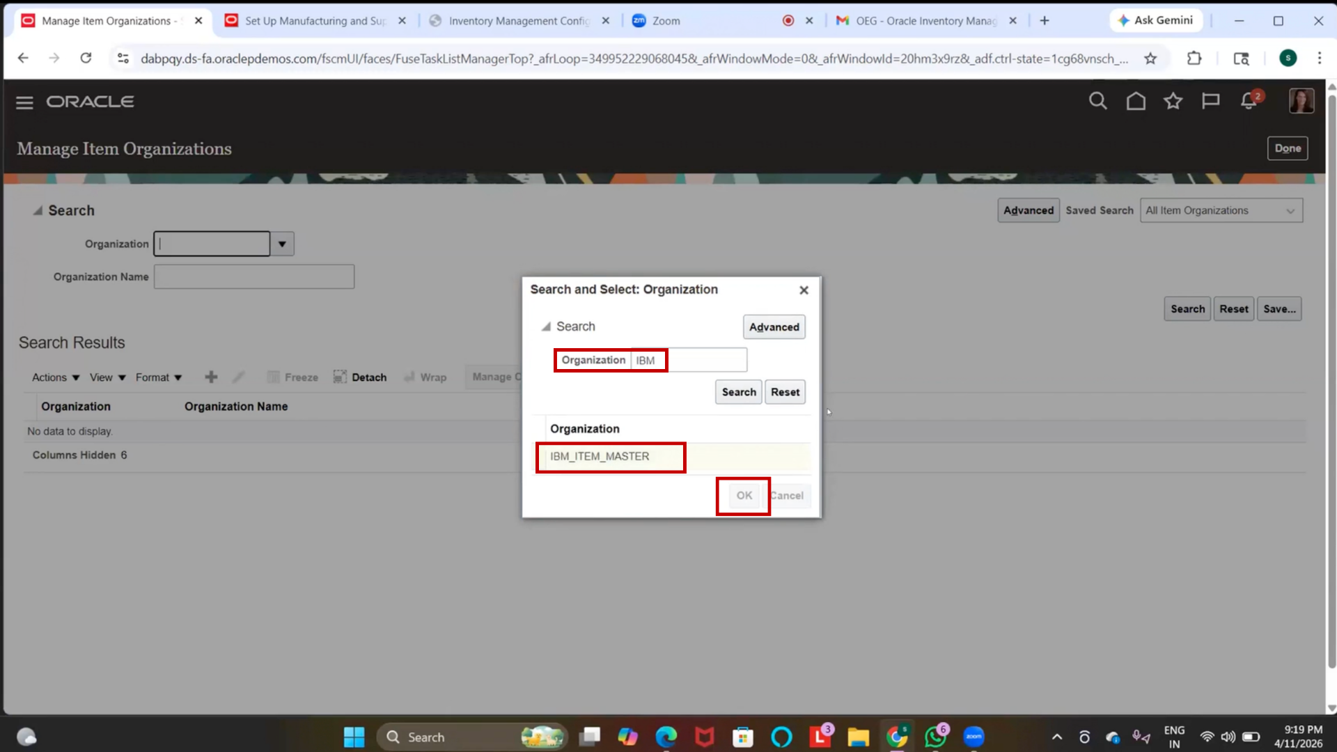 Search IBM Item Master in Oracle Inventory Management item organization