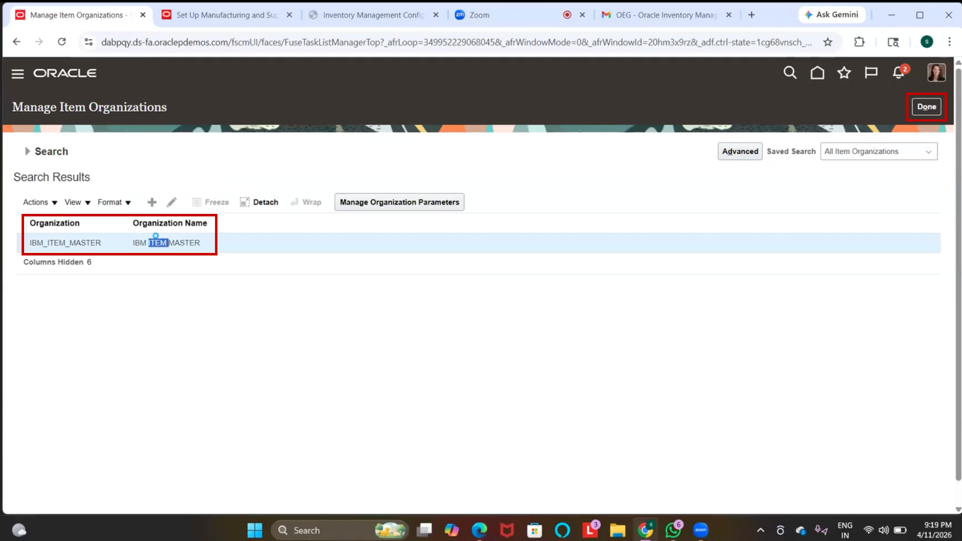 Item master organization successfully created in Oracle Fusion SCM
