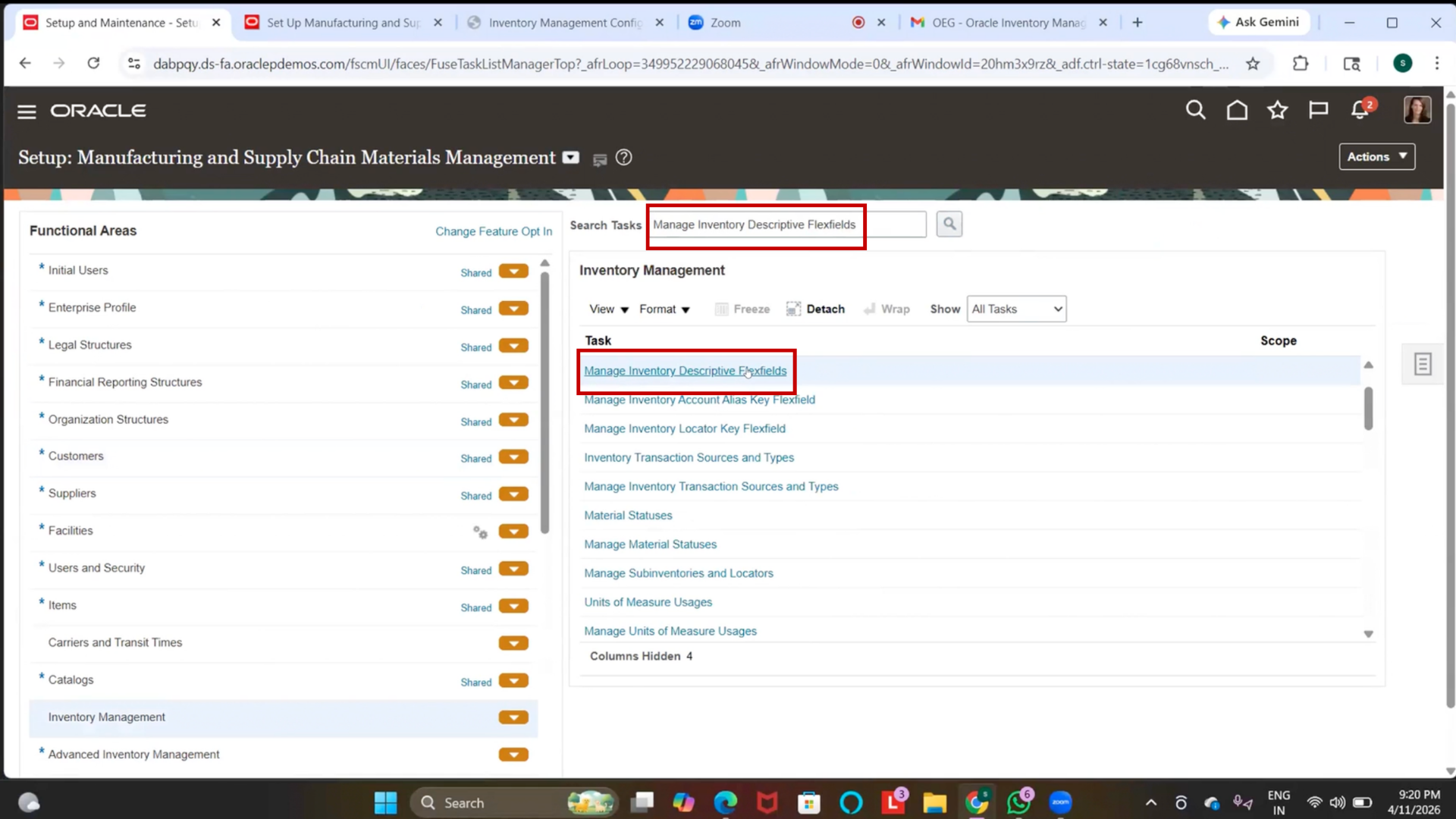 Oracle Fusion SCM DFF Setup for inventory organization parameters