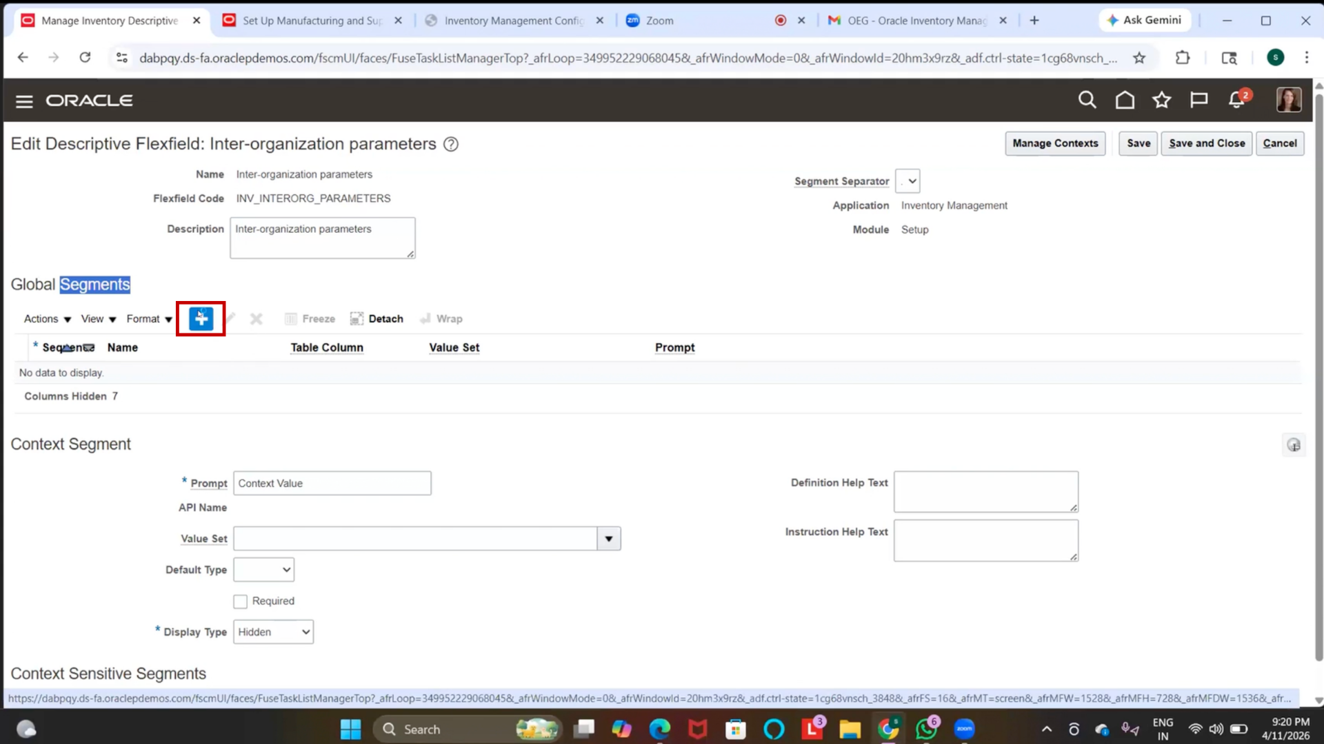 Global Segment creation for part numbers in Oracle Inventory Management DFF setup