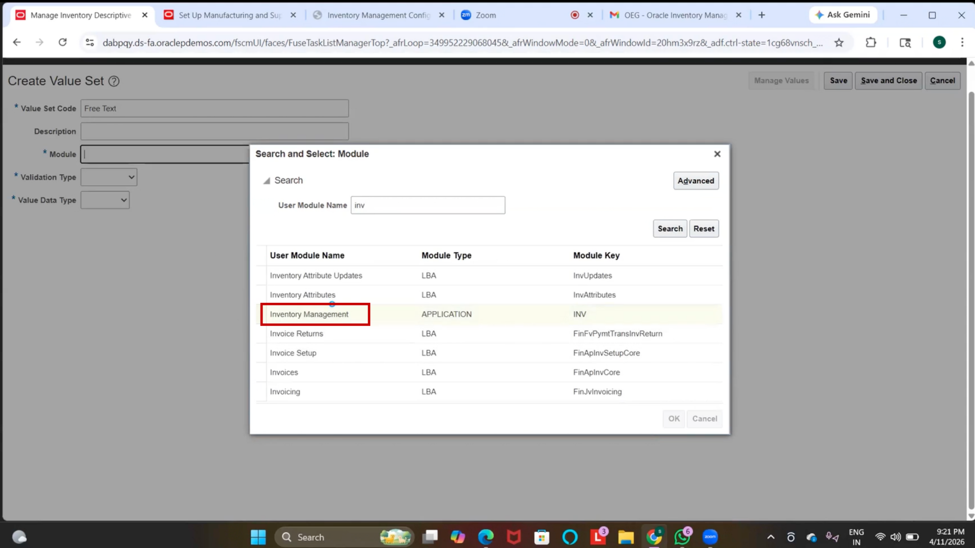 User selecting Inventory Management from the Module dropdown menu