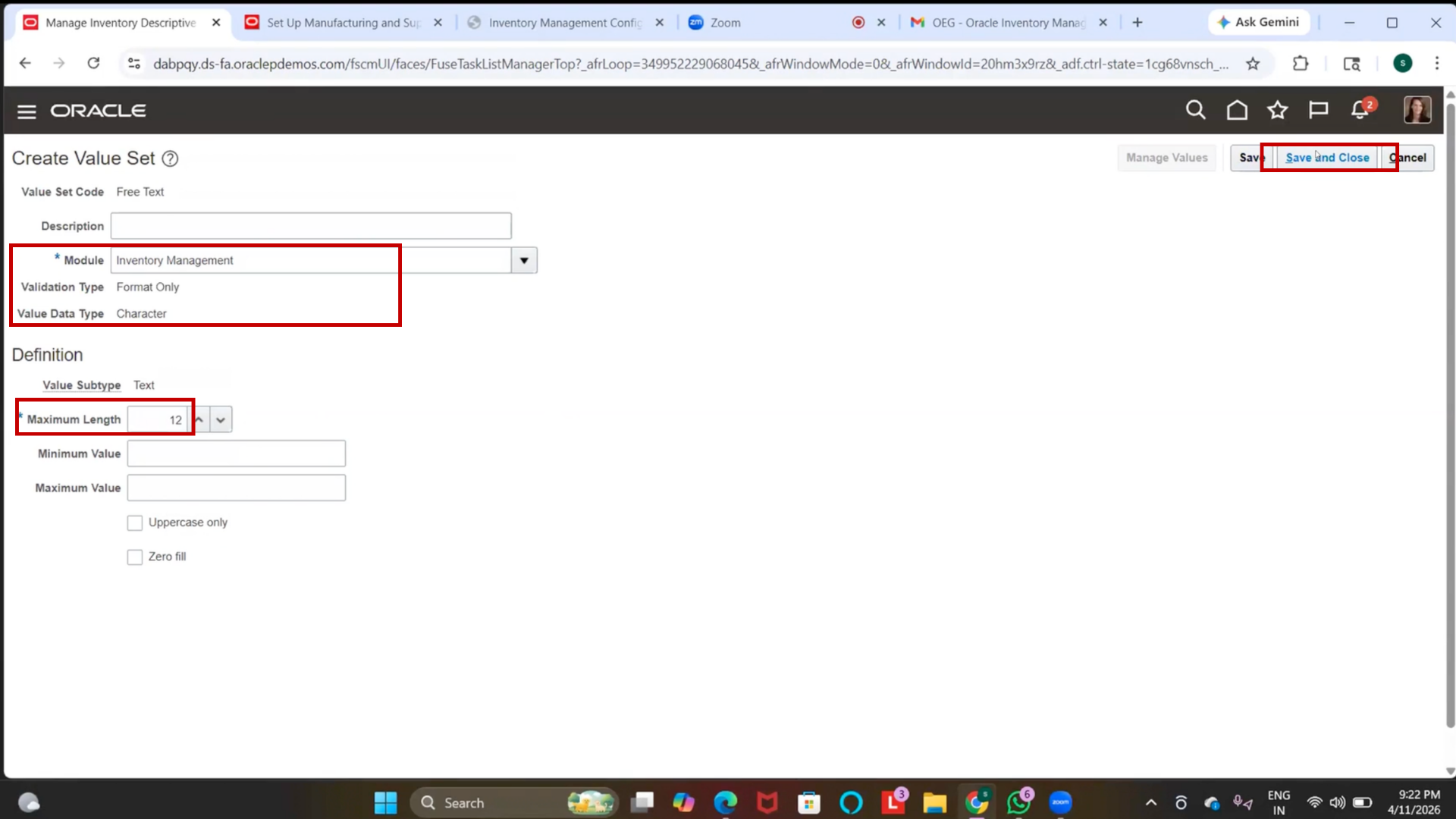 User entering Maximum Length value as 12 and clicking the Save button in the configuration form