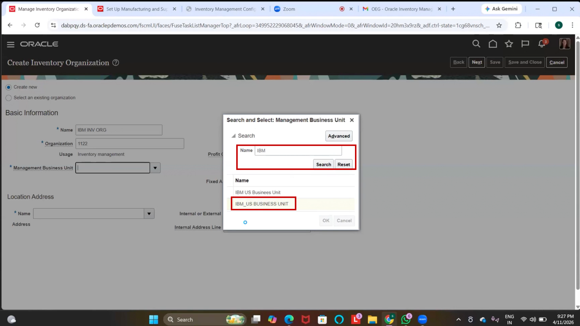 User selecting a Business Unit from the available options in the system interface