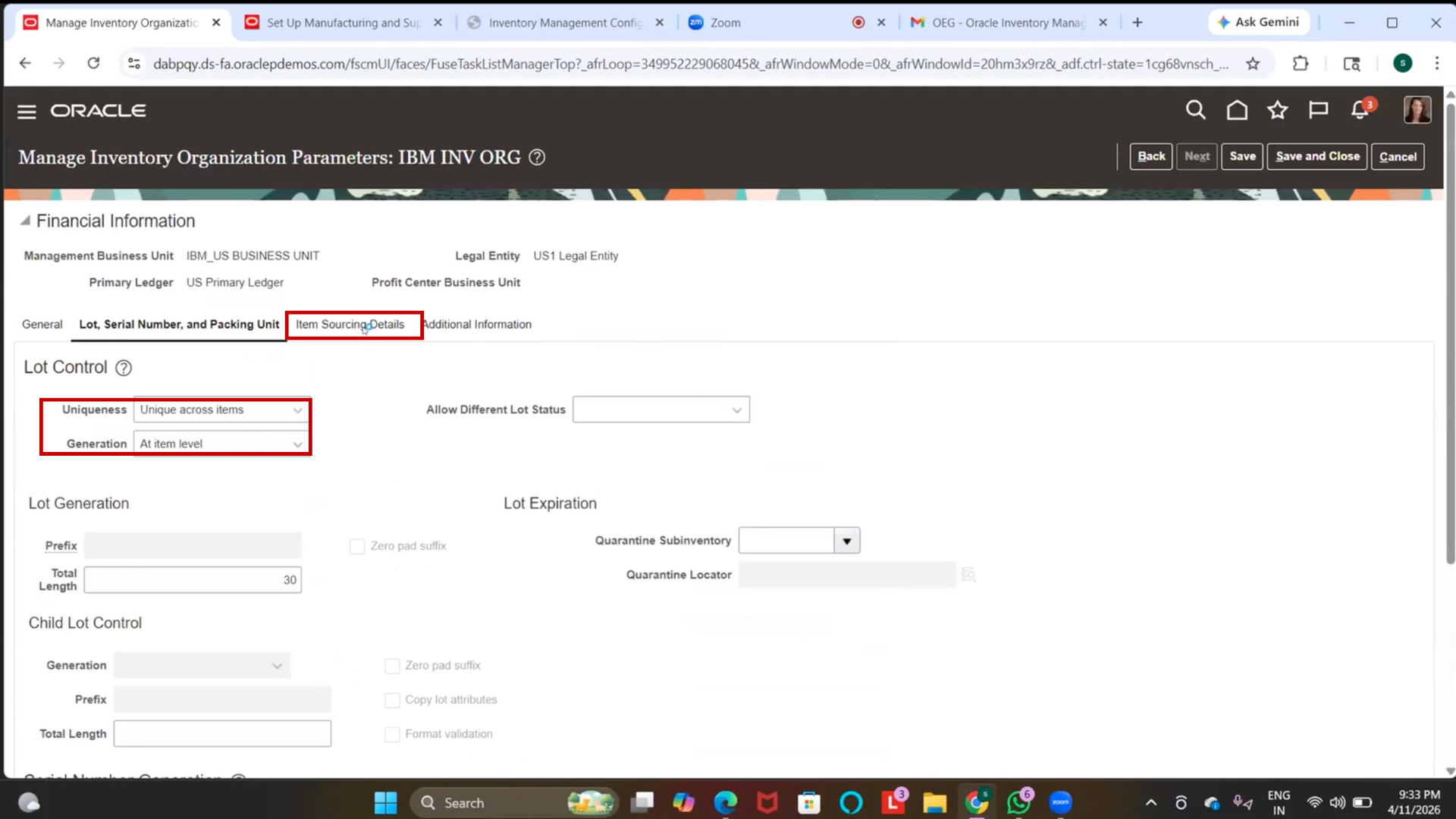 Save and Close inventory organization page in Oracle Fusion SCM