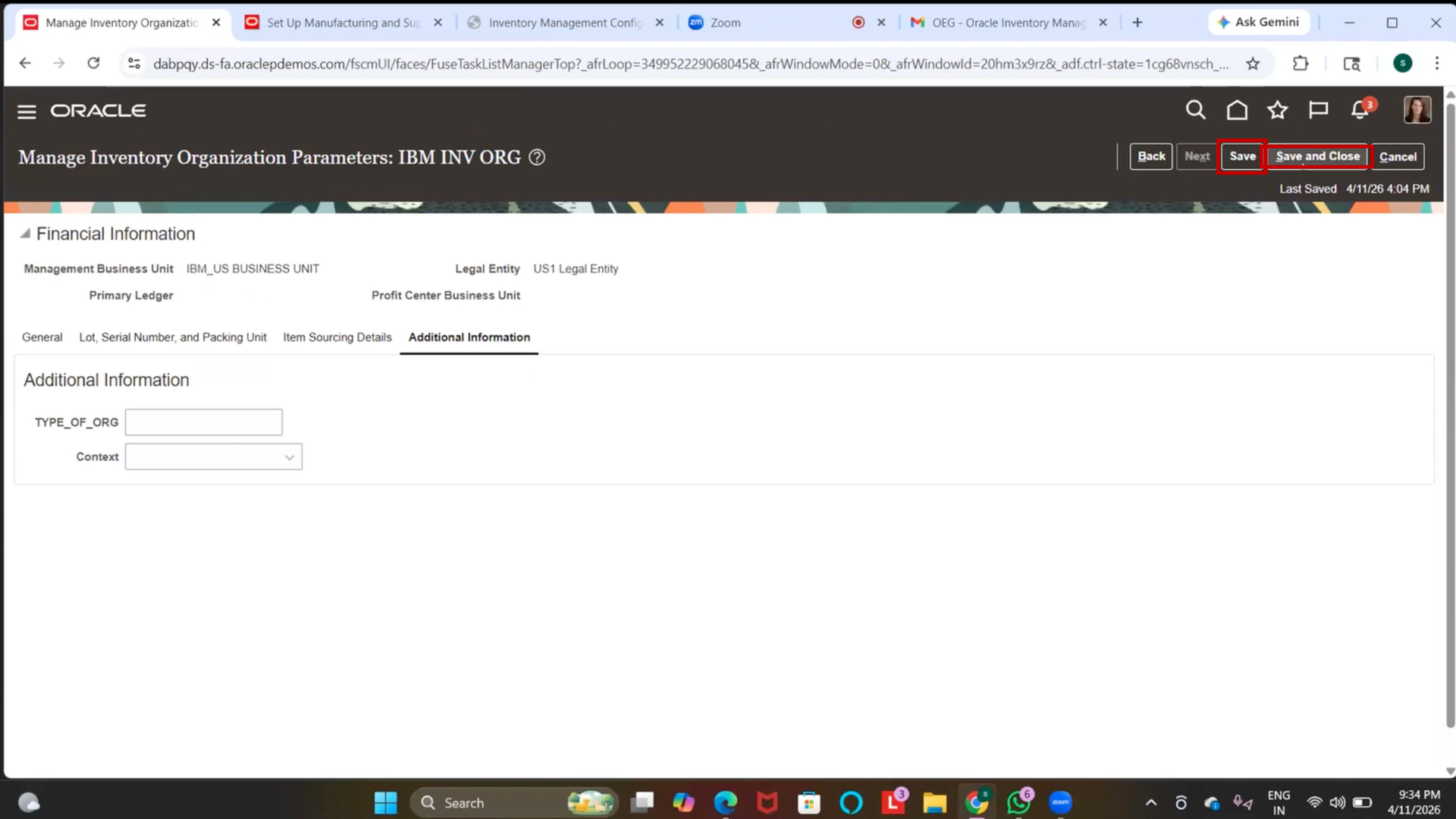 Save IBM Inventory Organization configuration in Oracle Inventory Management