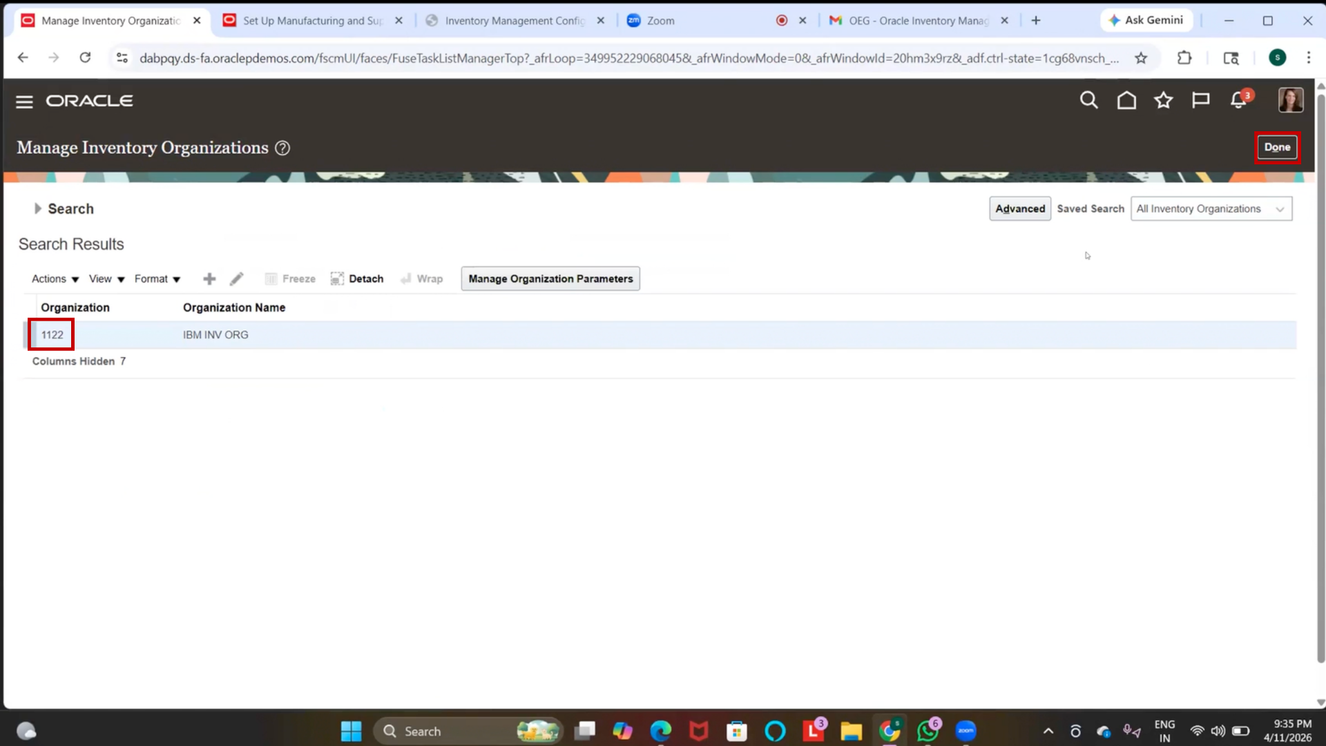 Search organization code 1122 in Oracle Inventory Management
