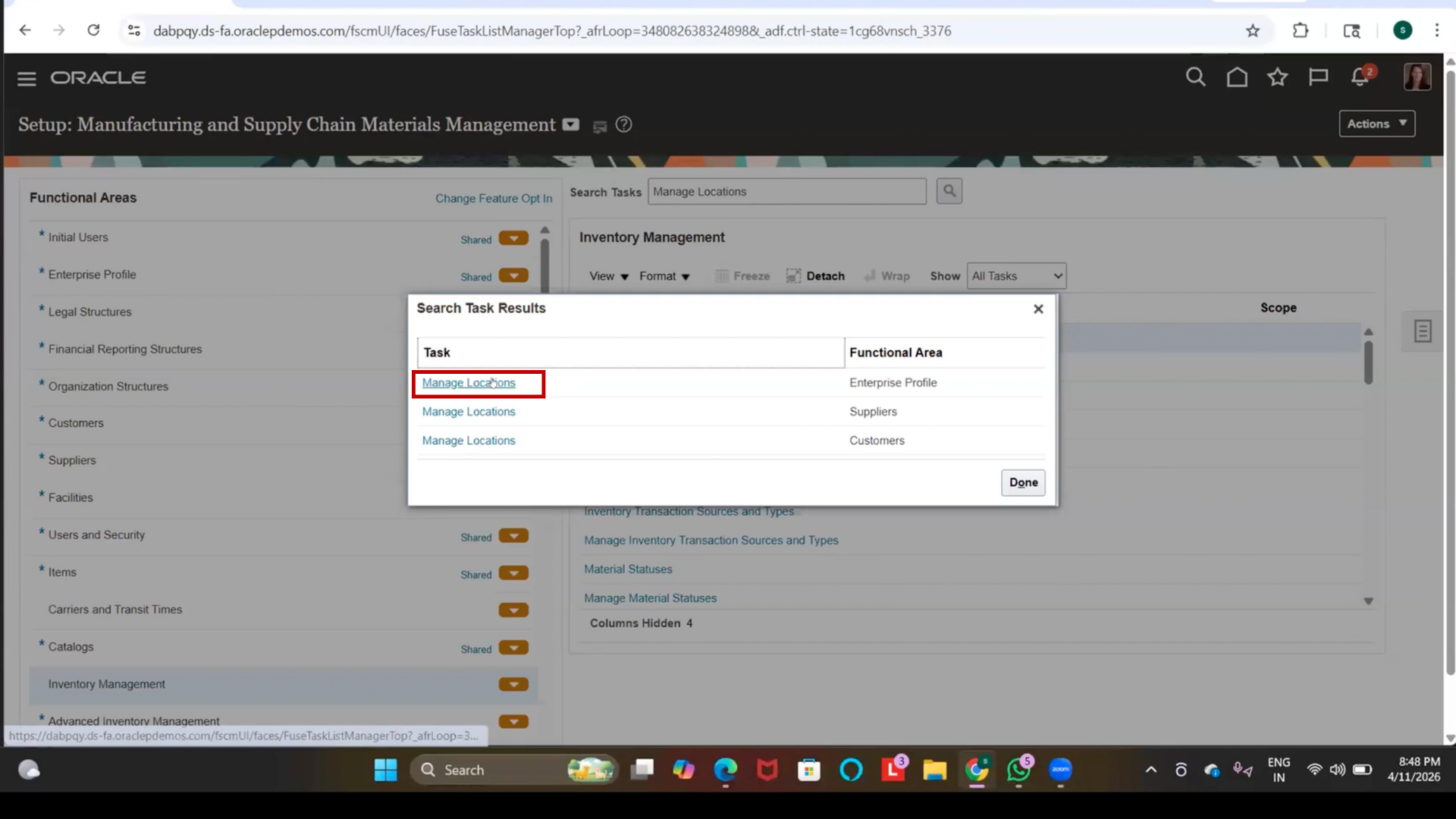 Open Manage Locations Task