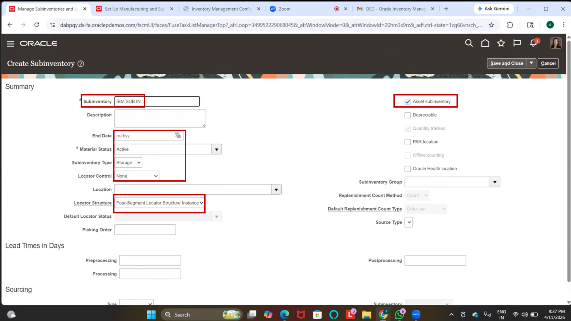User verifying the Asset Sub-Inventory checkbox is selected and clicking Save and Close