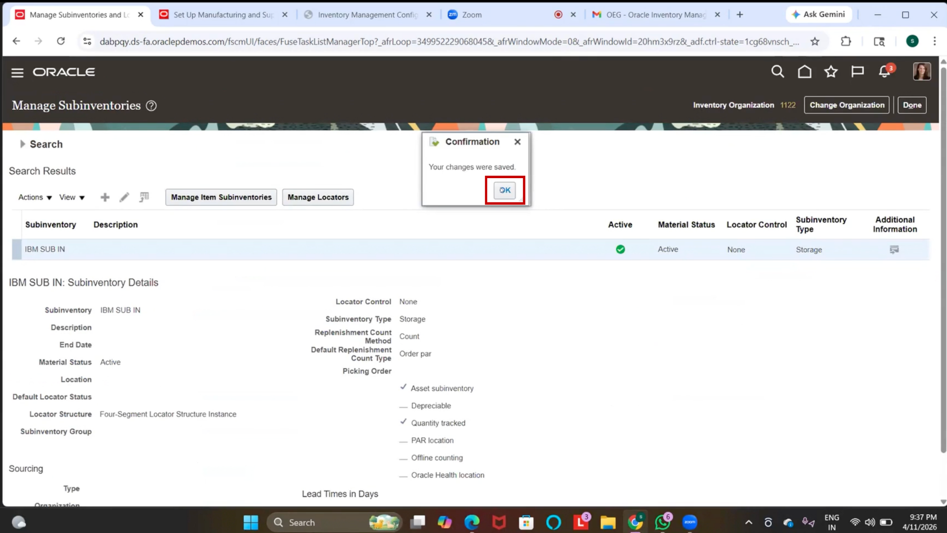 Verify IBM Sub-Inventory creation in Oracle Inventory Management