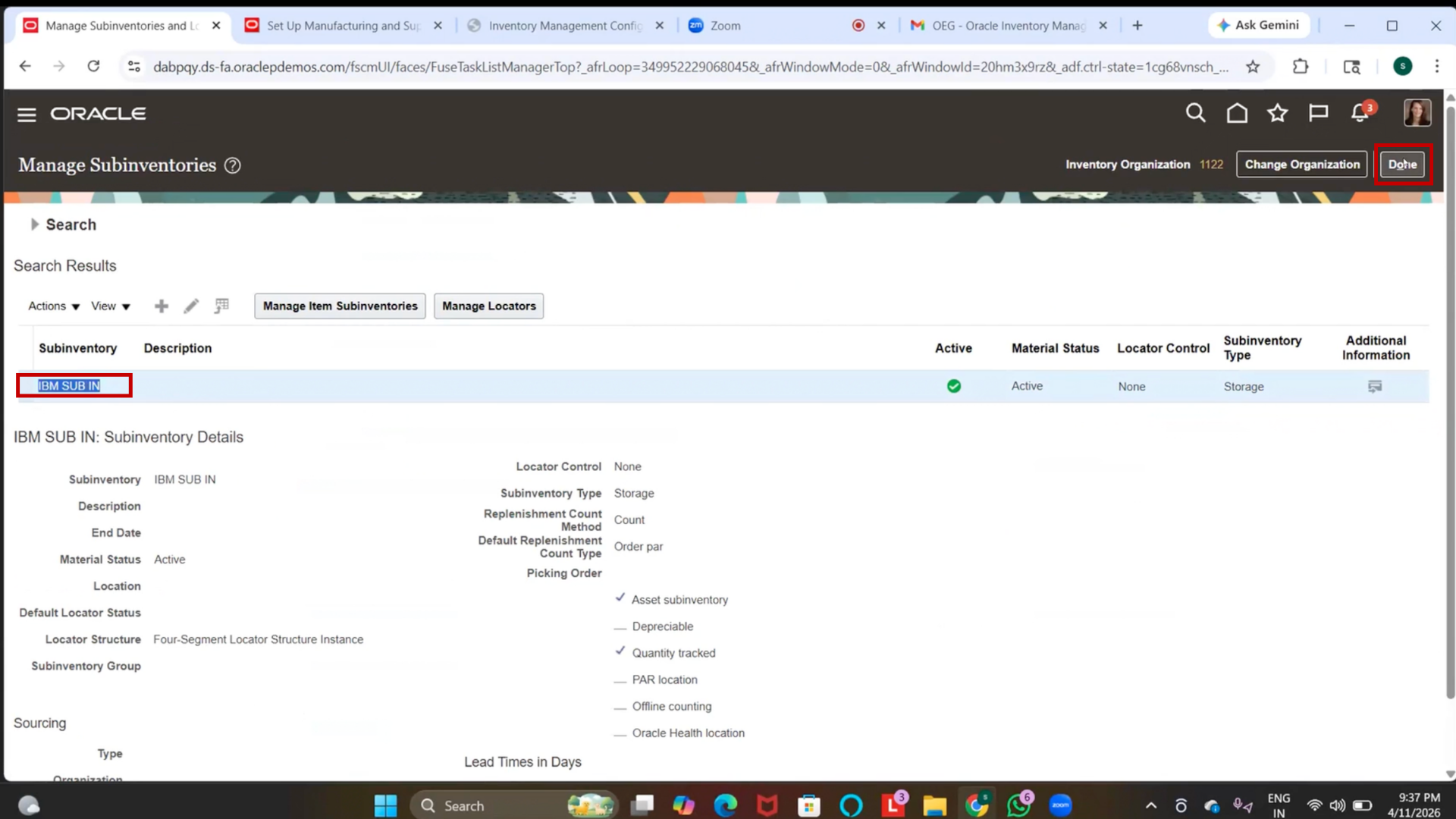 Subinventory successfully created in Oracle Fusion SCM