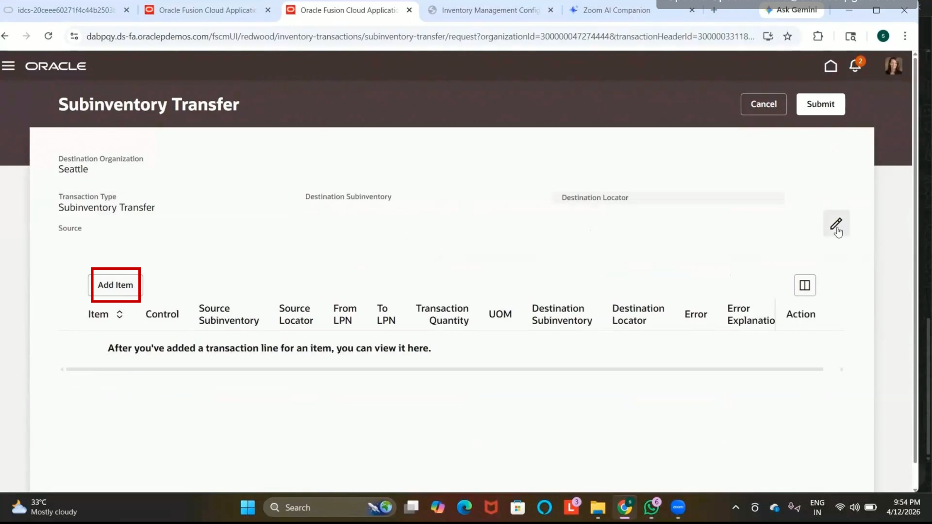 Oracle Fusion Add Items button selected to begin transfer transaction