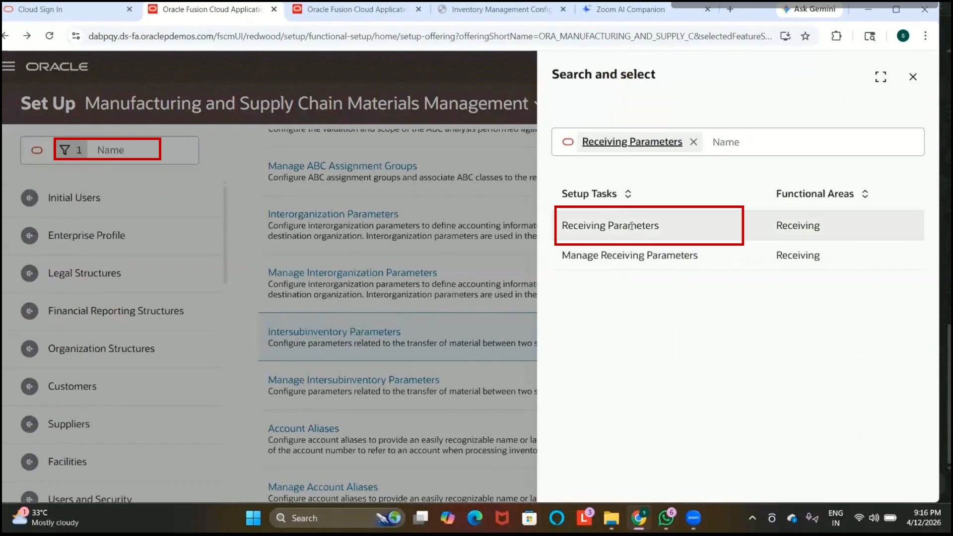 Oracle Fusion Receiving Parameters setup page opened for inventory receiving configuration