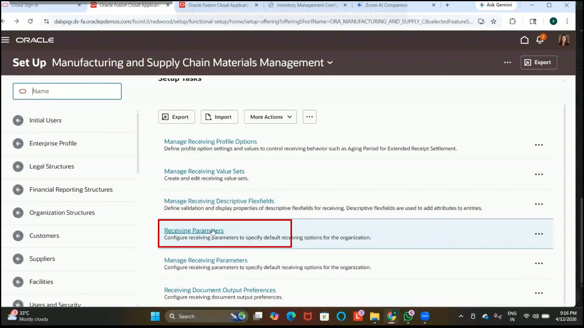 Oracle Fusion Receiving Parameters configuration screen defining receipt processing rules