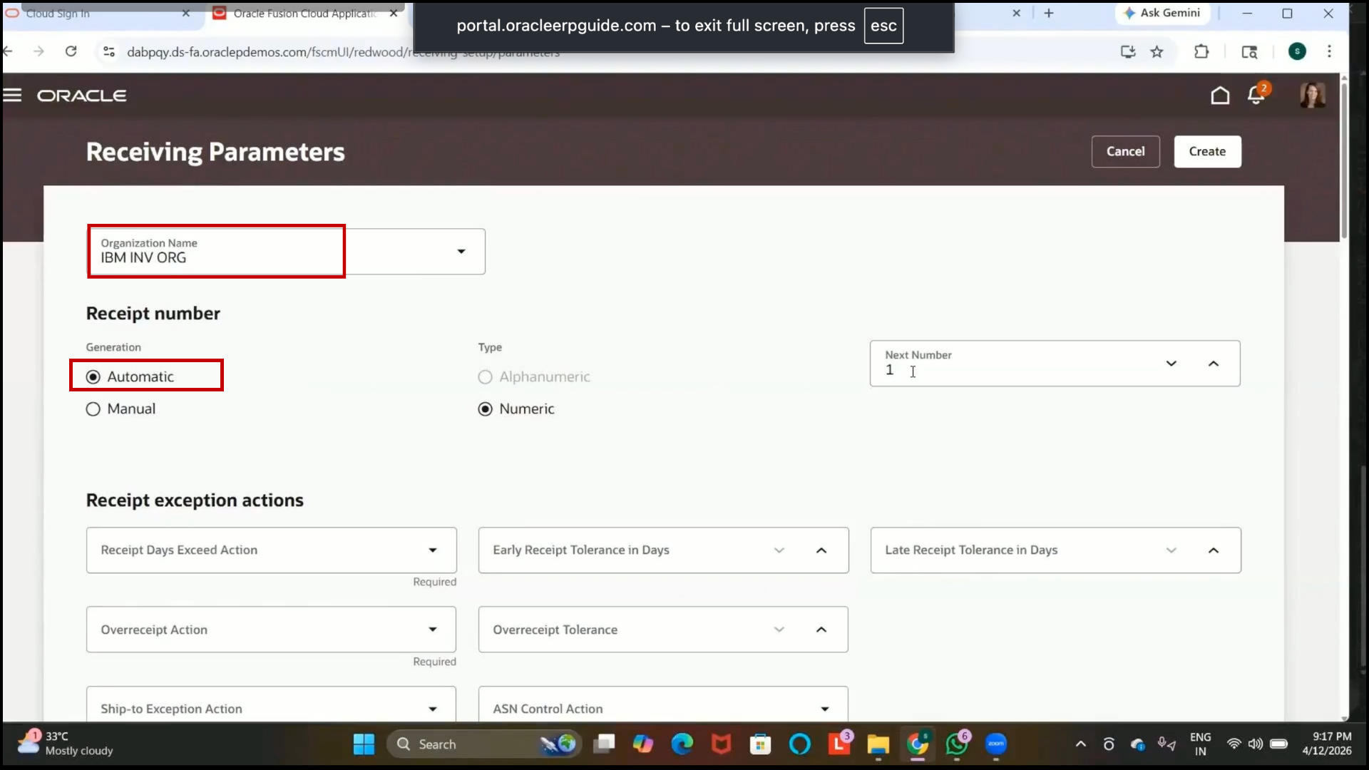 Oracle Fusion Receipt Routing field displayed in Receiving Parameters setup