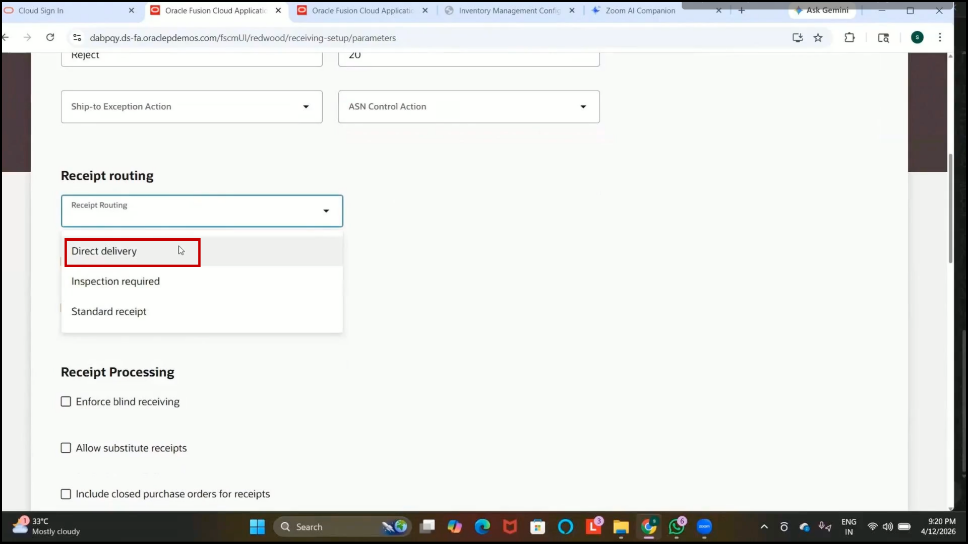 Oracle Fusion direct routing setup receiving items directly into inventory without inspection