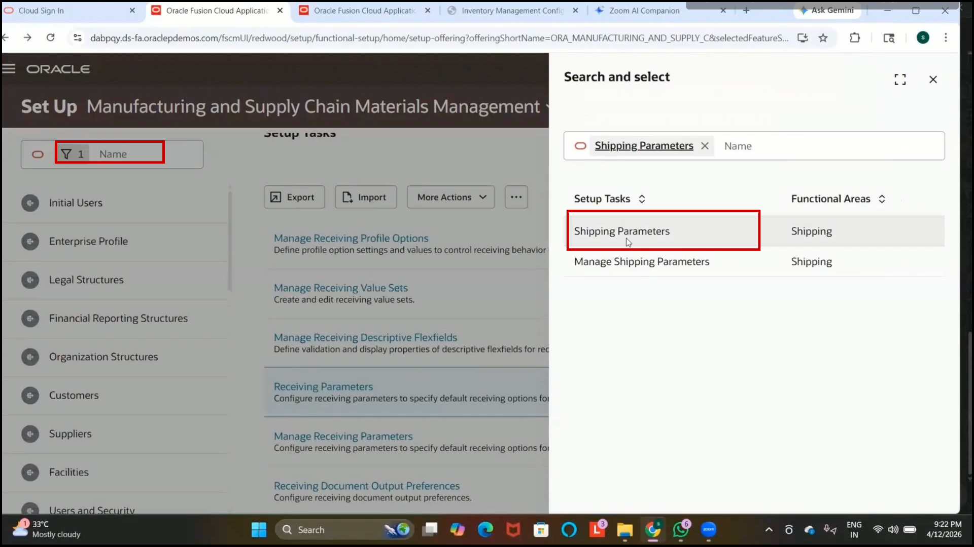 Oracle Fusion Setup and Maintenance page opened for Shipping Parameters configuration