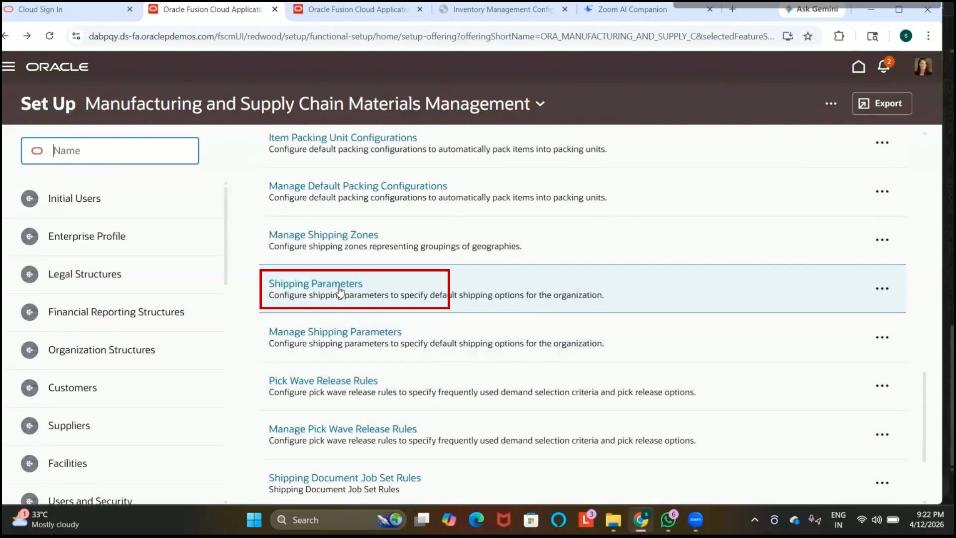 Oracle Fusion task search displaying Shipping Parameters setup option