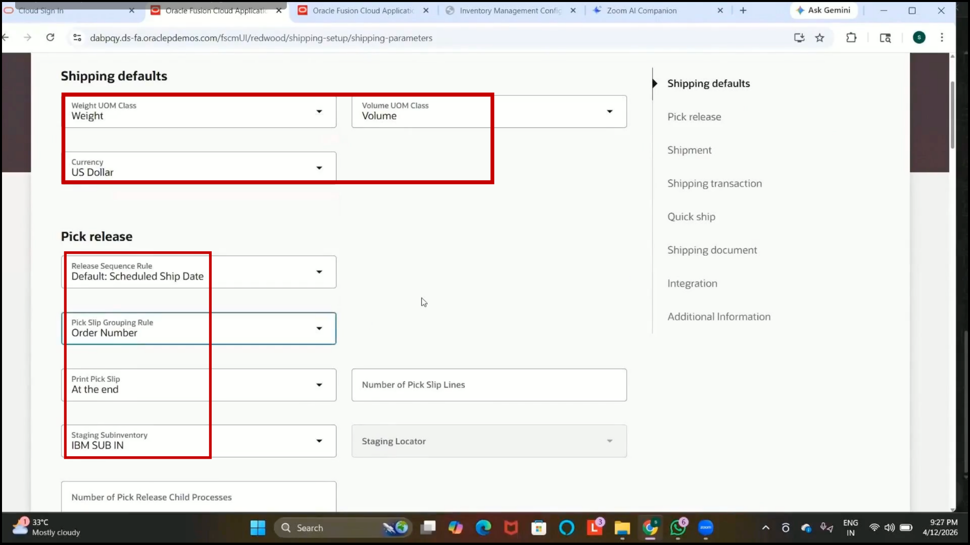 Oracle Fusion IBM SUB IN selected as staging subinventory