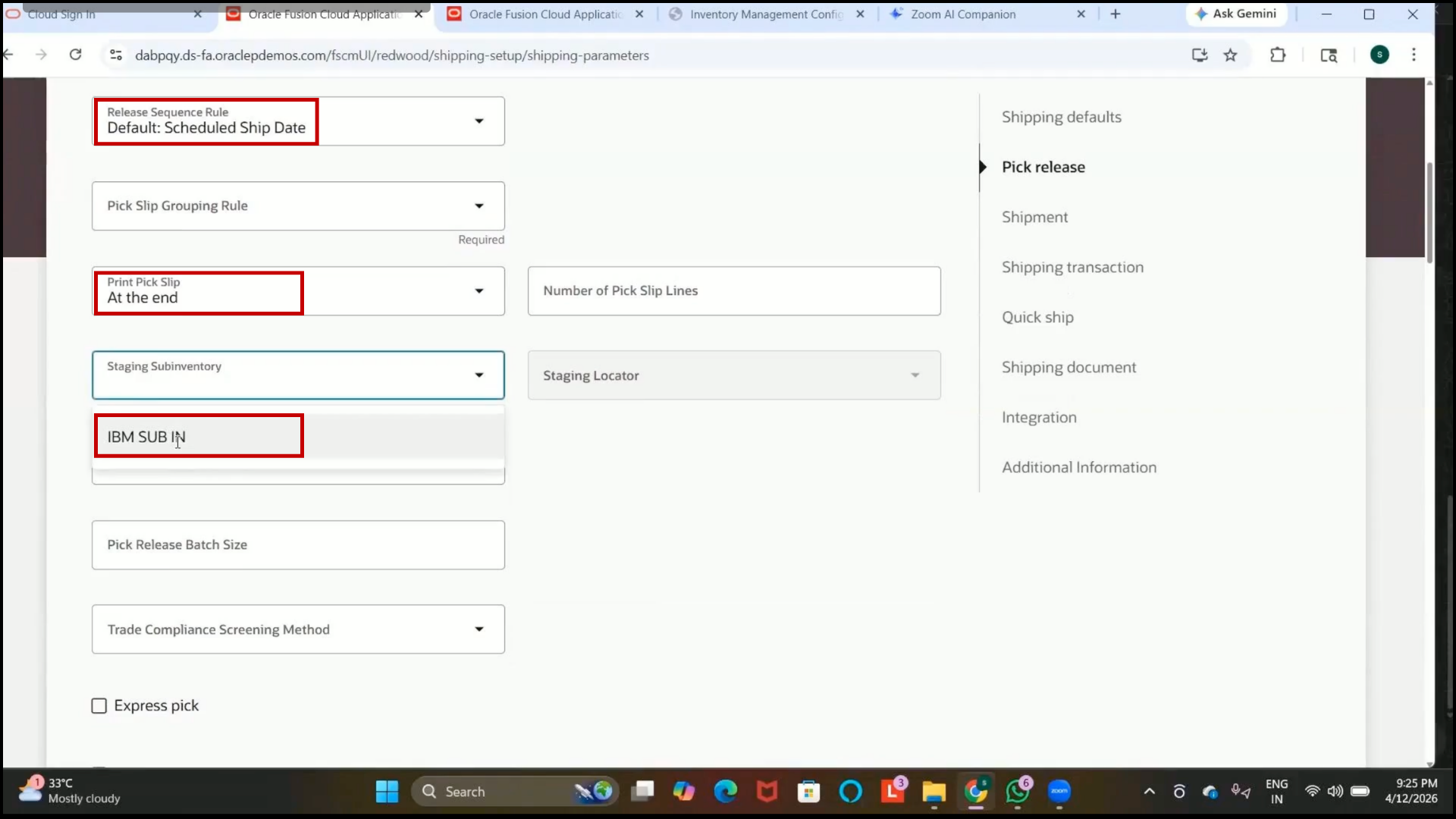 Oracle Fusion staging subinventory used for packing and shipment preparation