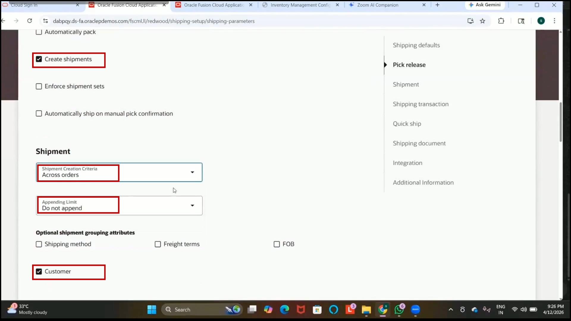 Oracle Fusion multiple orders grouped into a single shipment configuration