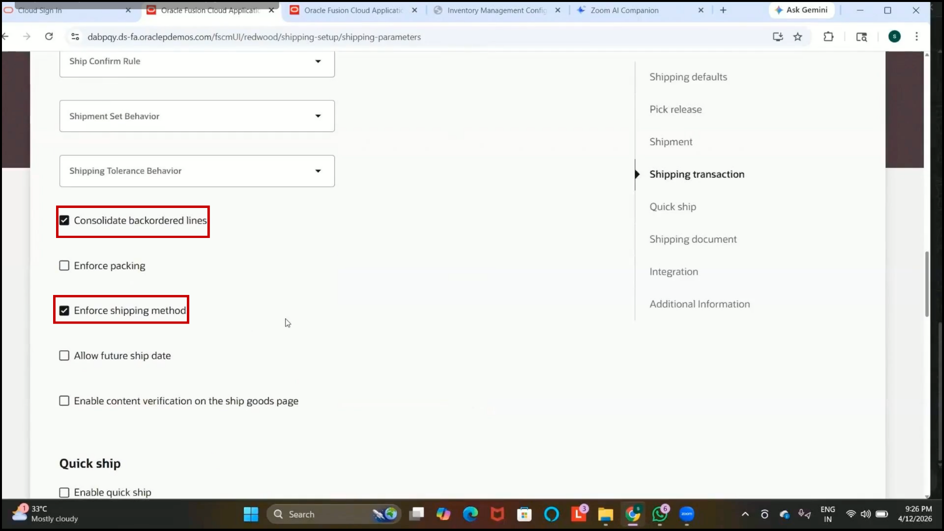 Oracle Fusion standard shipping settings retained without additional modifications