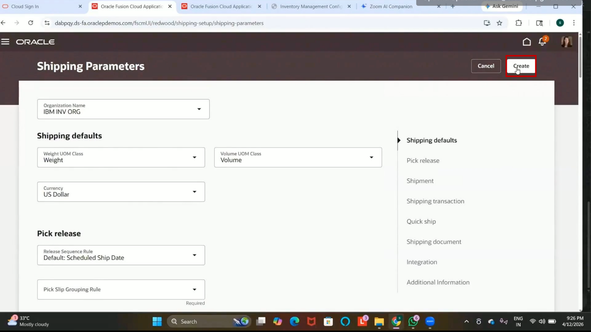 Oracle Fusion Create button selected to save Shipping Parameters configuration