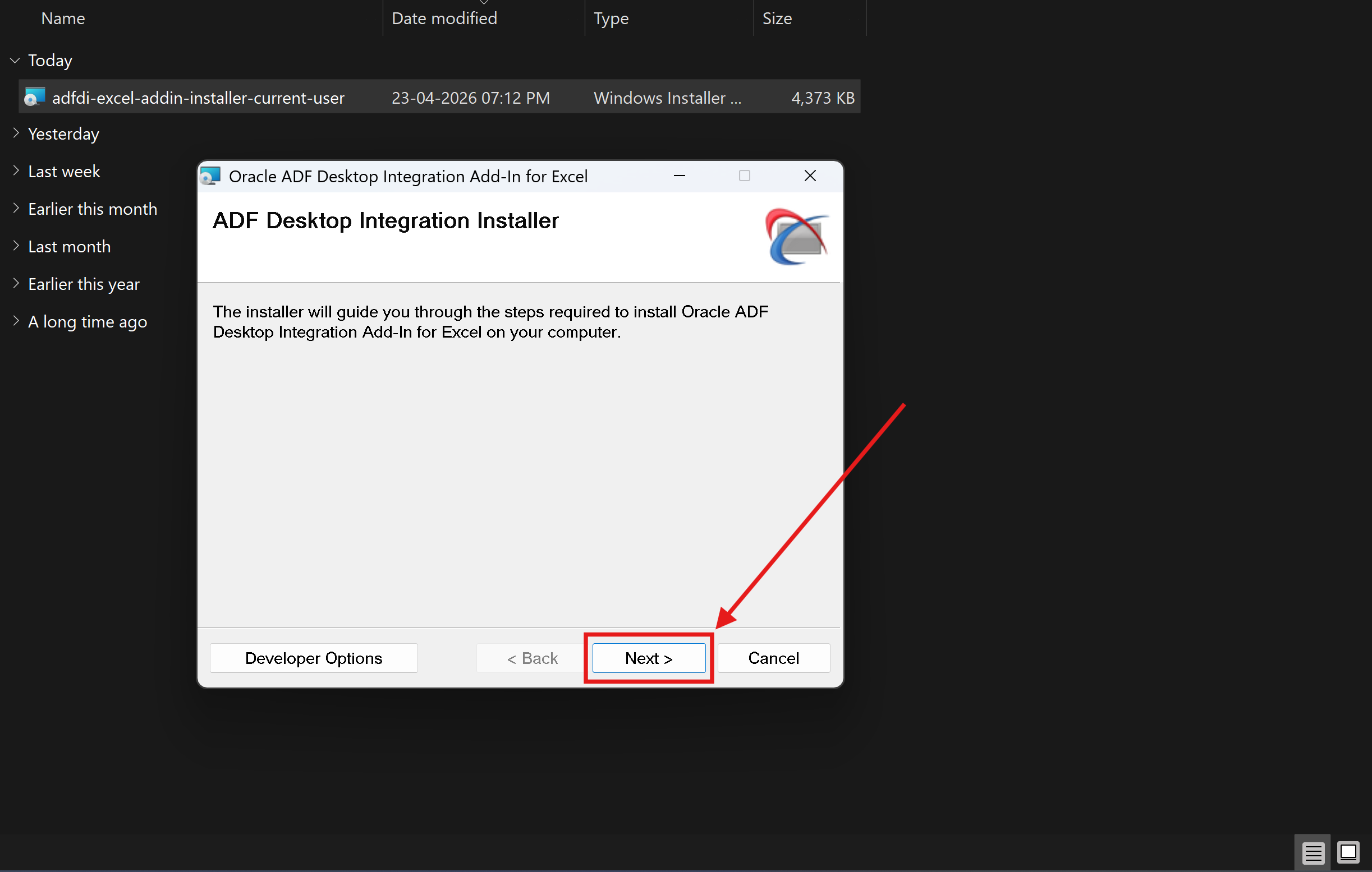 Oracle ADF Desktop Integration Setup Wizard Next Screen