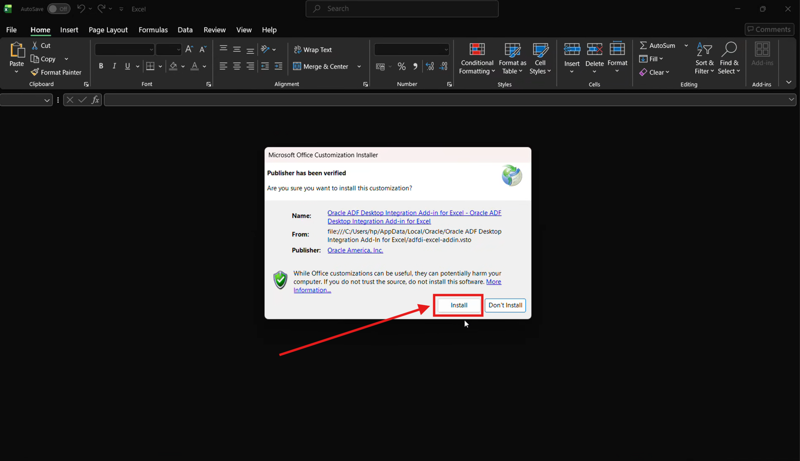 Oracle ADFDI Excel Add-in Installation Prompt